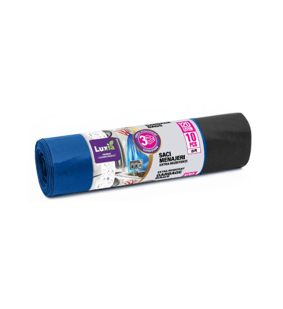 Luxia – Saci menajeri 120 litri, albastri cu snur, 10 buc/rolă